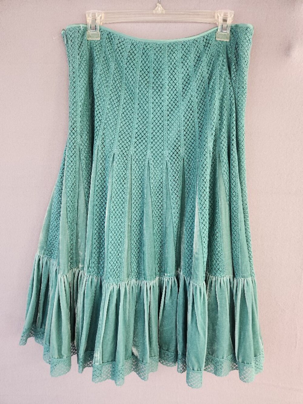 VINTAGE FREE PEOPLE TEAL VELVET & LACE PLEATED MIDI SKIRT SILK BLEND Y2K SIZE 12